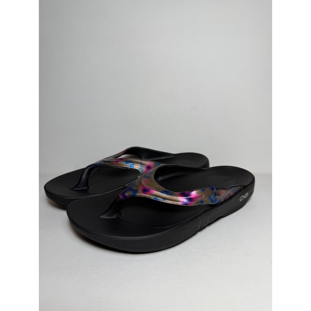 OOFOS OOlala Limited Edition Recovery Sandals Black Metallic Pink Blue W6 EU 37